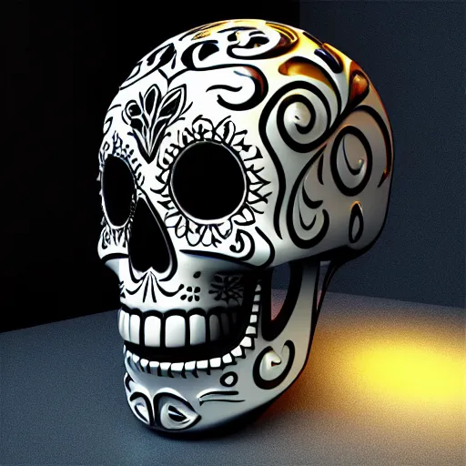 Image similar to “sugar skull In chrome, 3D, maya, studio lighting”