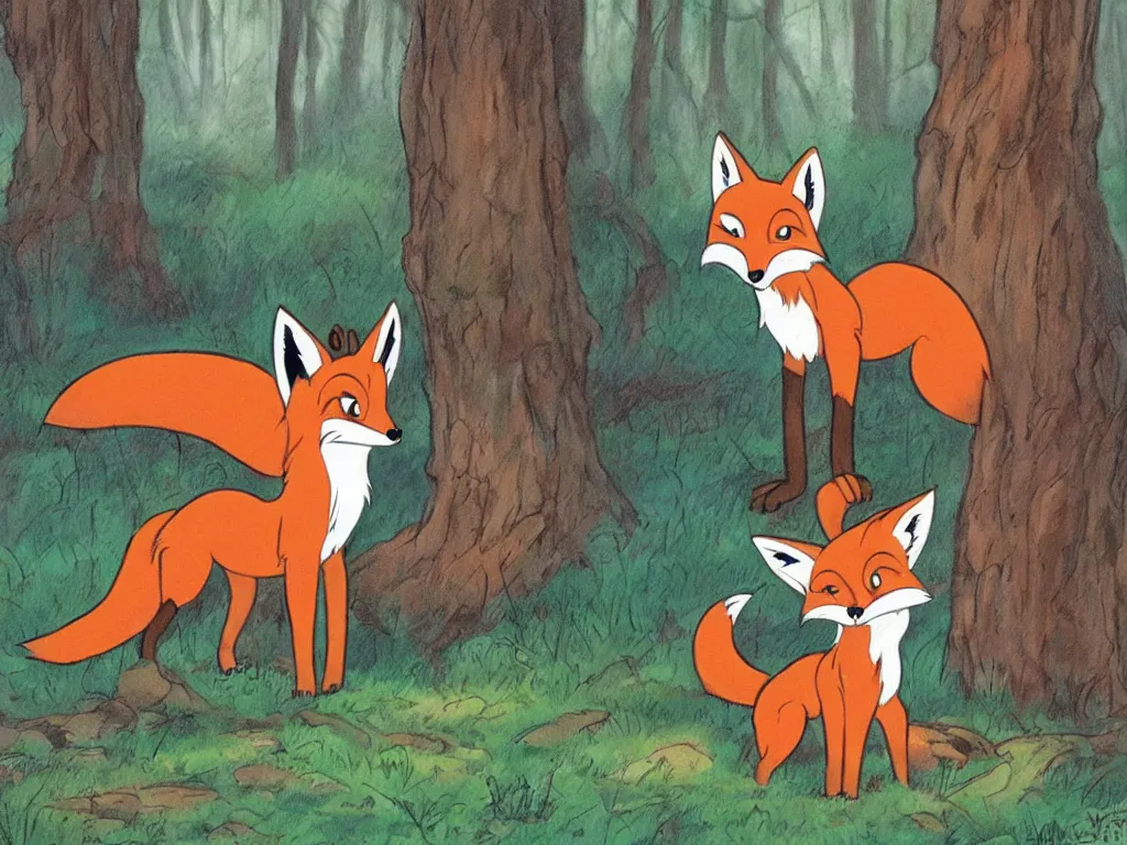 Prompt: a cute fox in the woods by don bluth, disney illustration style,