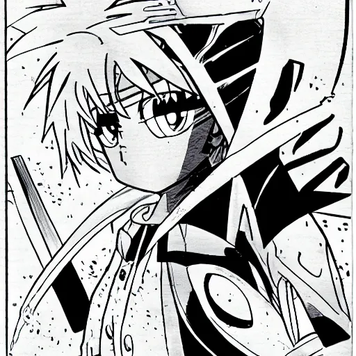 Image similar to young anime hero, illustrated by mato and ken sugimori, manga, black and white illustration