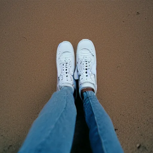 Prompt: photo of white nike air force one sneaker on a beach, color film photography, 3 5 mm,