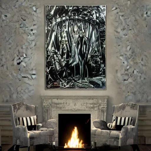 Image similar to painting hr giger tent in a room, floral ornaments, light beams night, scene from fightclub movie