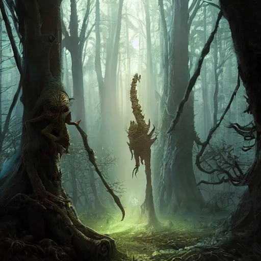 Image similar to highly detailed creepy forest humanoide creature in robes, stephen bliss, unreal engine, fantasy art by greg rutkowski, loish, rhads, ferdinand knab, makoto shinkai and lois van baarle, ilya kuvshinov, rossdraws, tom bagshaw, global illumination, radiant light, detailed and intricate environment