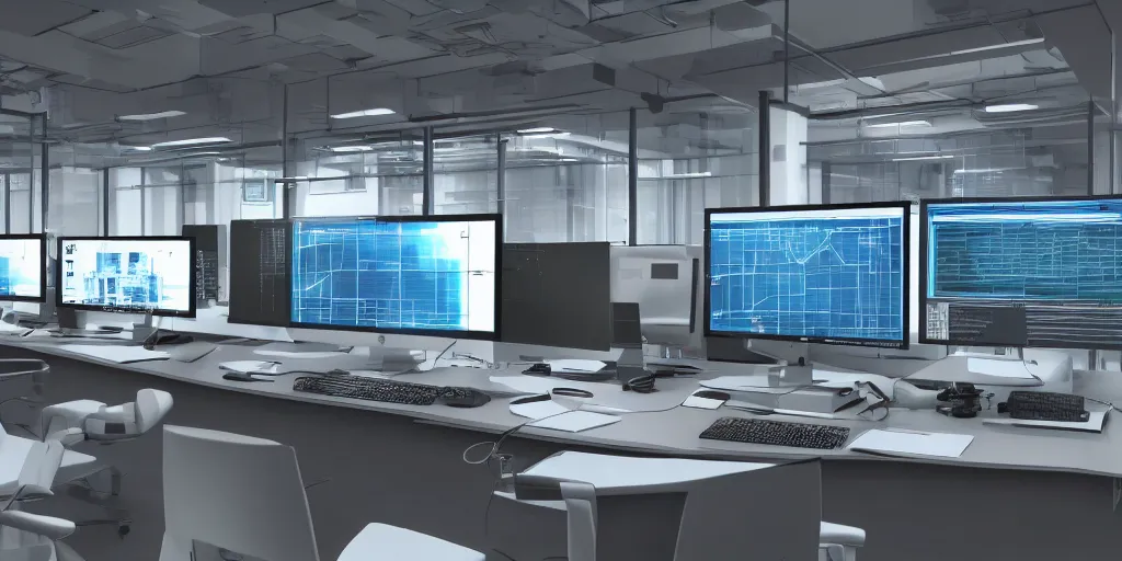 Image similar to realistic photograph of orwellian computer monitors in an urban office setting with graphs shown as blueprints and schematic drawings on the screen, ultra realistic, by cedric peyravernay, intracate detail, digital painting, industrial art style, mirrors edge art style, ambient lighting, misty, artstation, cgsociety, octane render, 3 5 mm film grain