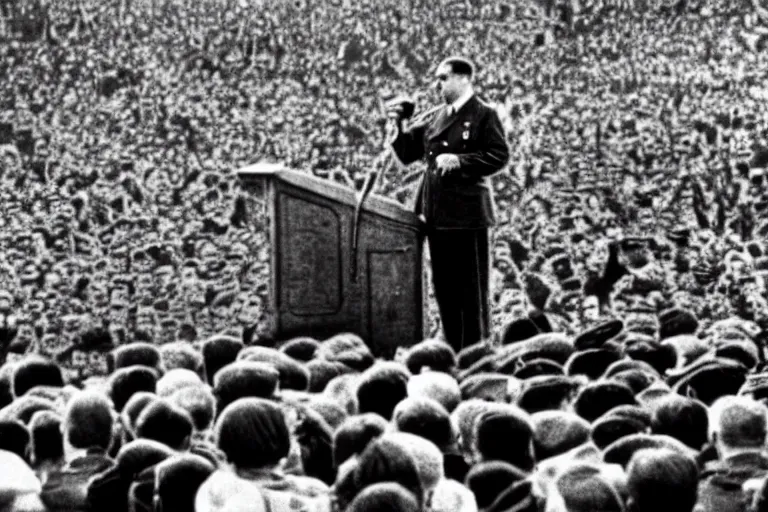 Image similar to Adolf Hitler giving speech to crowd of minions