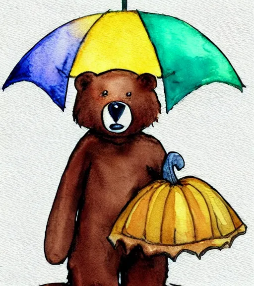 Image similar to autumn a bear with an umbrella cartoon watercolor trending on artstation