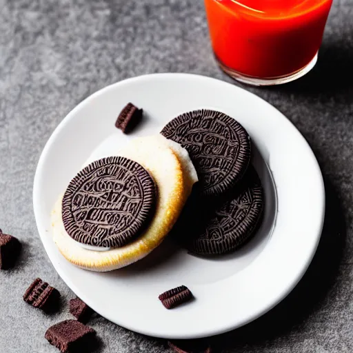 Prompt: dlsr food photograph of an oreo with ketchup filling, on a white plate, next to a glass of milk, bokeh, 5 0 mm f 1. 4