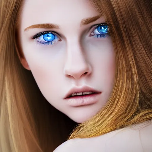 Image similar to wonderful russian girl with blue eyes and brown long hair, portrait, 8k, photorealistic