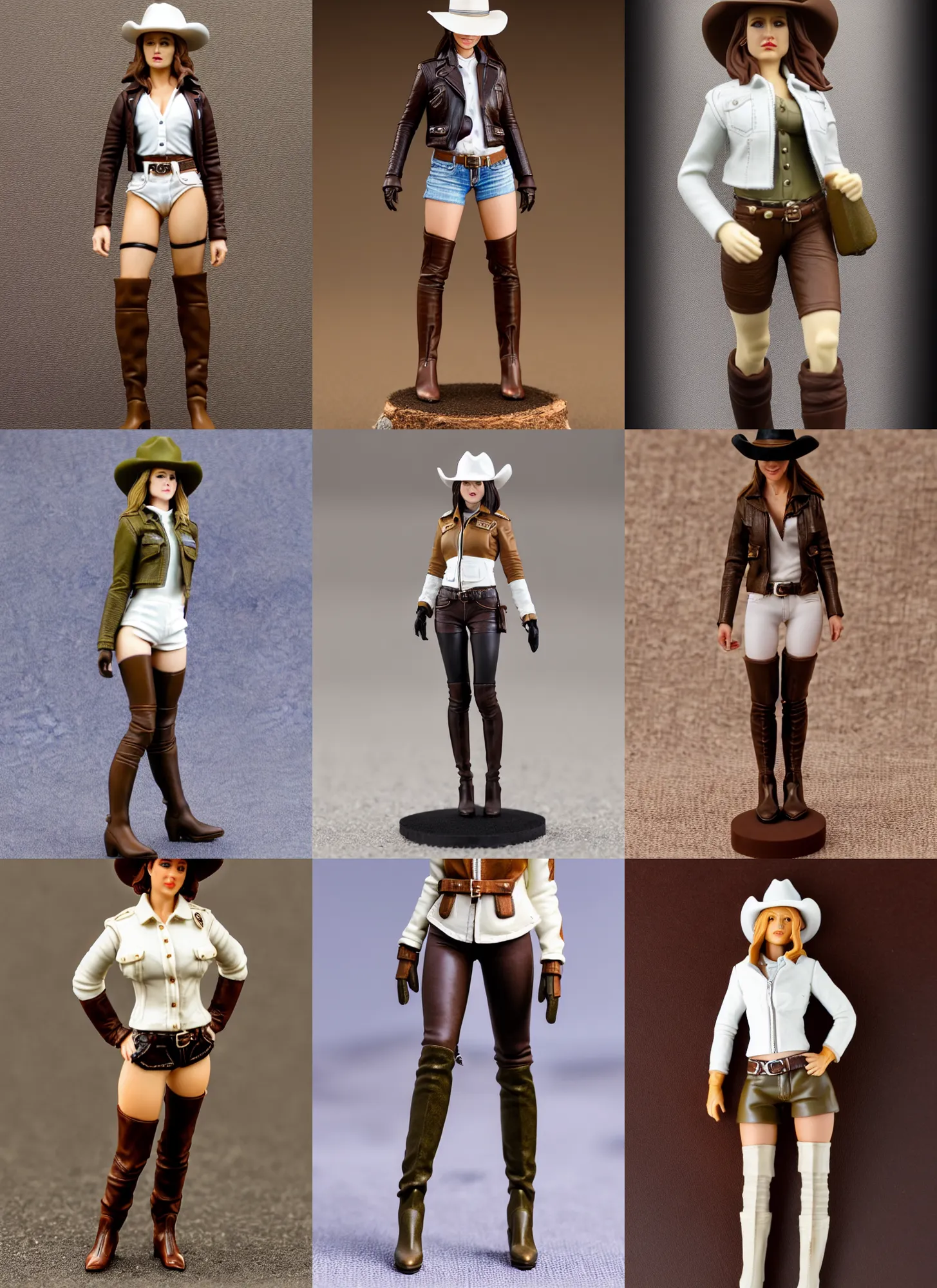 Prompt: 80mm resin detailed miniature of a cow-girl, Short brown leather jacket, white shirts, hot-pants, ten-gallon hat, over-knee boots, navel, olive thigh skin, Standing with legs open on textured disc base; Miniature product Introduction Photos, Logo, 4K, Full body; Front view