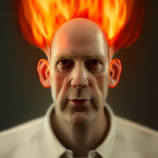 Image similar to an artstation trending portrait painting of a bald english man on fire, octane render