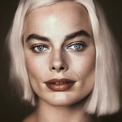 Image similar to photo of margot robbie, full platinum blond, pale skin, freckle, by diane arbus, realistic, high detail, high quality, trending on pinteresst