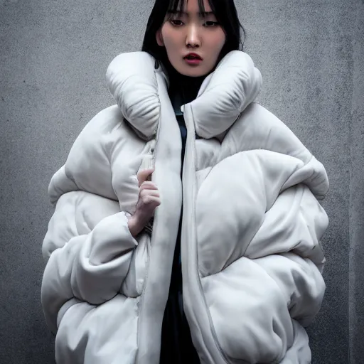 Image similar to well lit fashion shoot portrait of extremely beautiful female marble statue wearing huge over size puffer jacket by dingyun zhang, yeezy, balenciaga, vetements, a cold wall, sharp focus, clear, detailed,, cinematic, detailed, off white, glamourous, symmetrical, vogue, editorial, fashion, magazine shoot, glossy