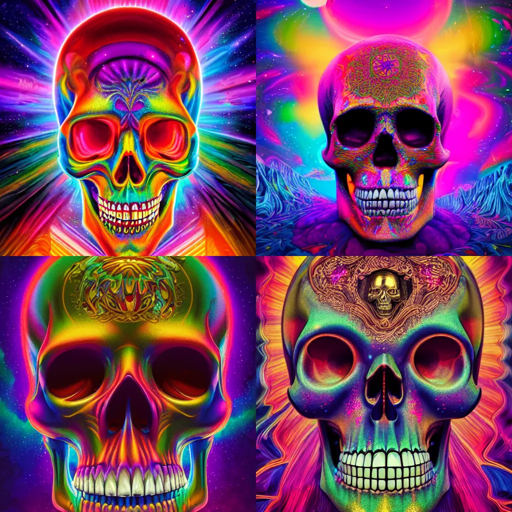 Prompt: beautiful matte painting of psychedelic glittering skull by dan mumford and alex gray and lisa frank, octane render, HDR, vivid color, volumetric lighting, unreal engine, concept art, CGsociety