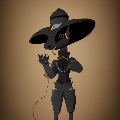 Prompt: anthropomorphic jackrabbit harengon with black skin, wearing stylized monk robes, wearing a very wide brimmed black hat, digital art featured on artstation
