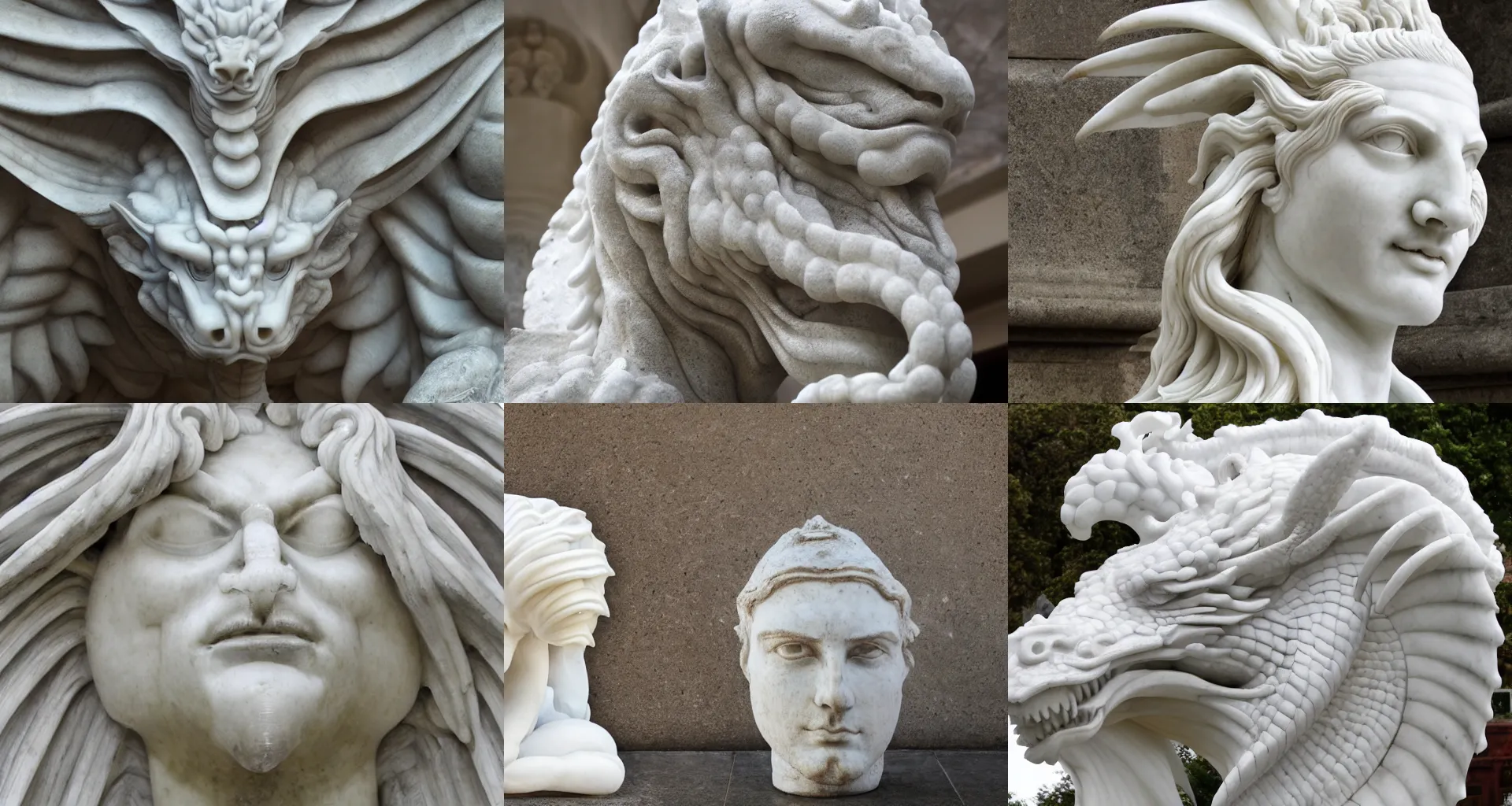 Prompt: marble white statue of a dragon, photo of the head of a statue