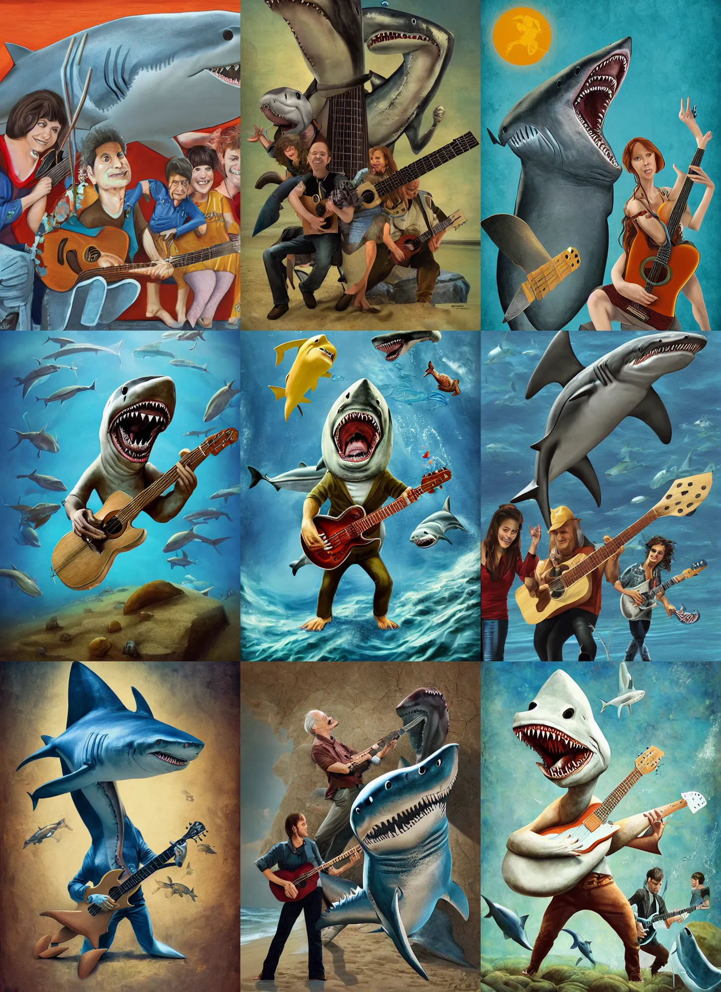 Prompt: portrait of epic anthropomorphic shark holding a guitar, late jurassic, alain beneteau, dmitry bogdanov, karen carr, sergey krasovskiy, julio lacerda, emily willoughby, h. kyoht luterman, vladimir nikolov