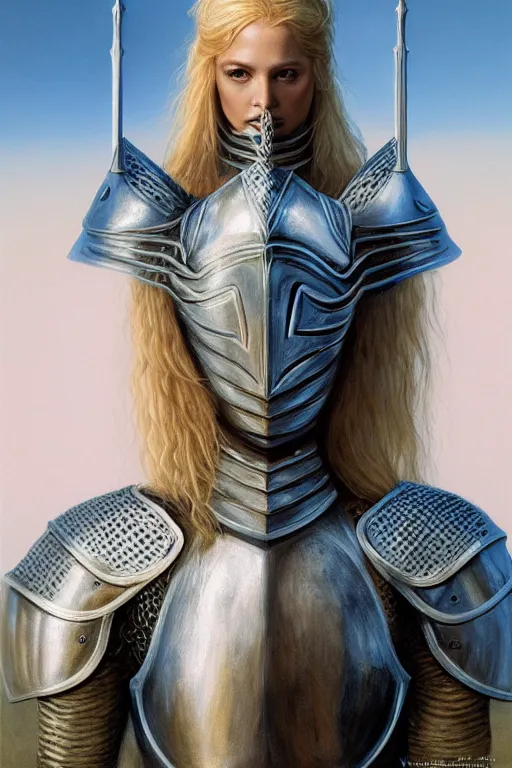 Image similar to female knight with cat on her head in the wild nature, armor design by wayne barlowe, blonde hair, symmetry, sci - fi, dark fantasy, perfect light and composition, 4 k, ultra hd, sense of awe, highly detailed, realistic, intricate