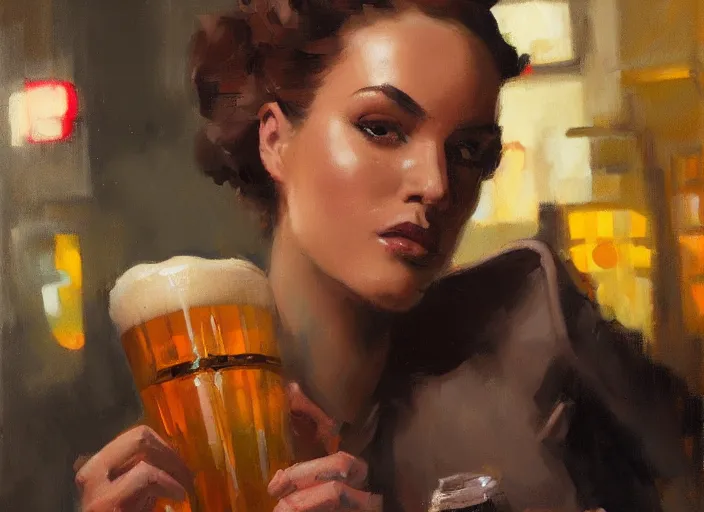 Image similar to greg manchess close - up painting of a delicious mug of beer in a dieselpunk bar, organic painting, matte painting, bold shapes, hard edges, street art, trending on artstation, by huang guangjian and gil elvgren and sachin teng