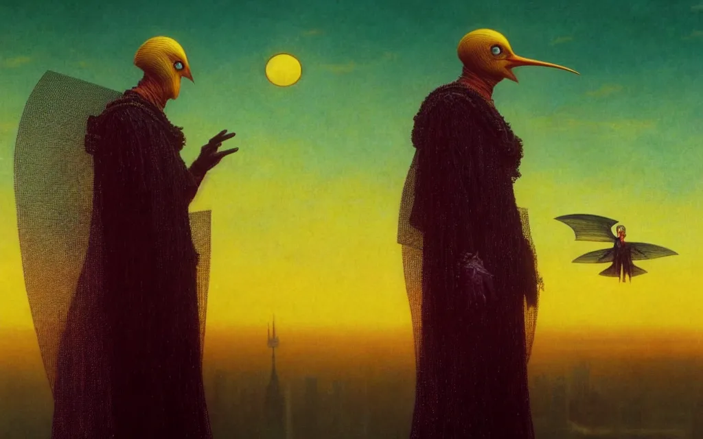 Image similar to realistic detailed portrait movie shot of a birdman wearing dark robes, futuristic city sunset landscape background by denis villeneuve, amano, yves tanguy, alphonse mucha, ernst haeckel, max ernst, roger dean, rich moody colours