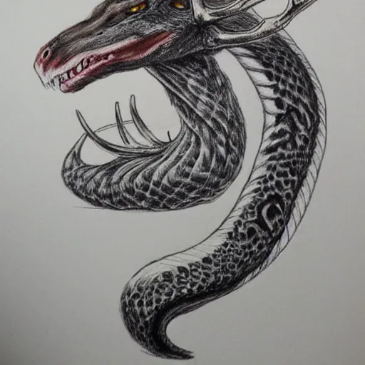 Prompt: snake with elk antlers white dragon mane wolf ears very detailed color pencil sketch realistic