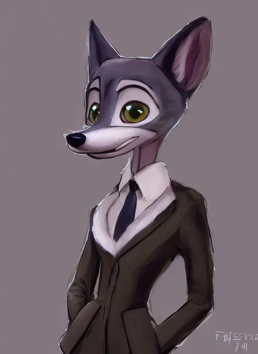 Prompt: oil painting detailed full body of anthromorphic female wolf, in style of zootopia, zootopia, zootopia, fursona, furry, furaffinity, 4 k, deviantart, furry art, fursona art, wearing black business suit, business suit, in style of zootopia, wolf fursona, cyberpunk, female, expressive, detailed feminine face,