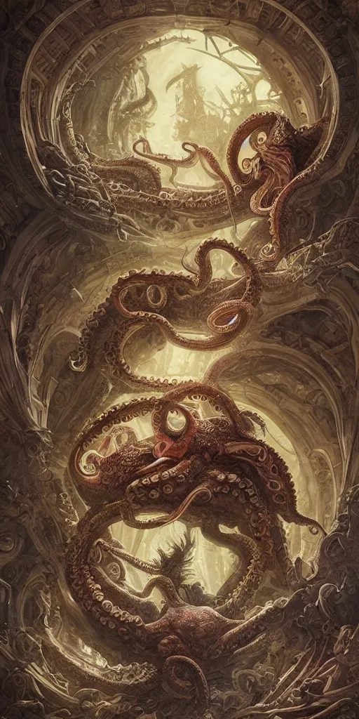 Prompt: epic fight of colorful Ouroboros and enormous octopus floating around inside an ancient mage castle hall colossal scale, gothic and baroque, brutalist architecture, ultradetailed, intricate details by Ellen Jewett and Ayami Kojima