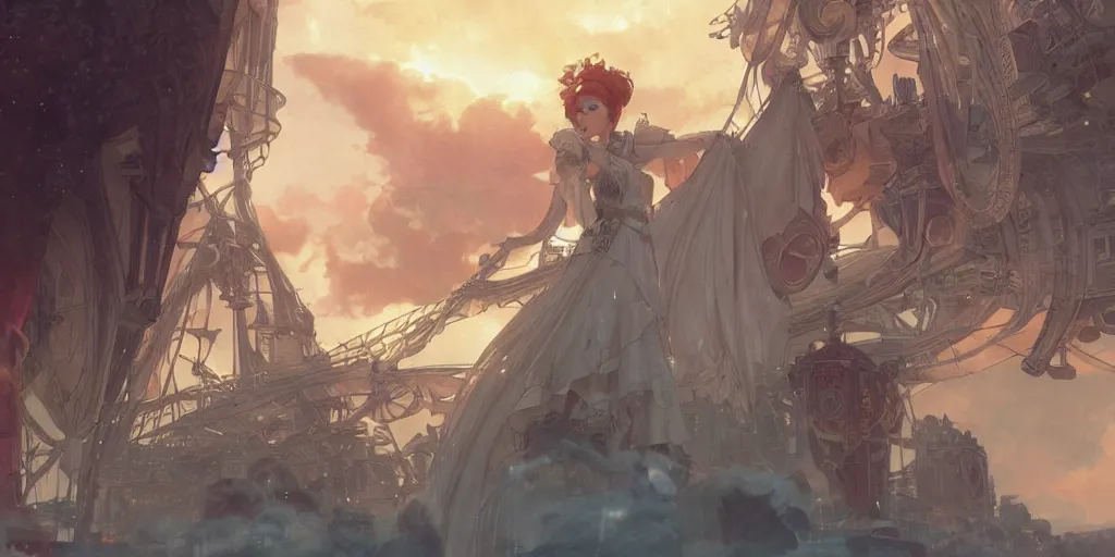 Image similar to character portrait girl of the white herald on an imperial airship, hidari, color page, tankoban, 4 k, tone mapping, sunset, akihiko yoshida & peter mohrbacher & greg rutkowski & artgerm & alphonse mucha