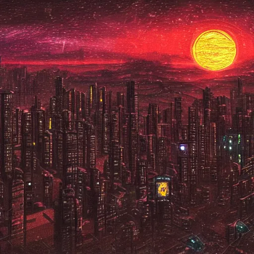 Prompt: cyberpunk dystopian city during a sunset in the style of starry night