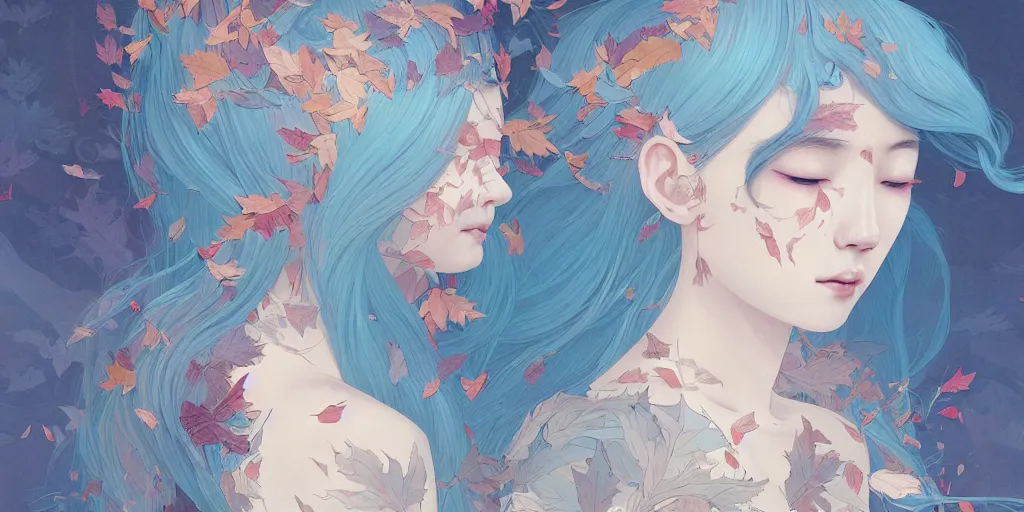 Image similar to breathtaking detailed concept art painting pattern with gradient pastel colors of blue hair faces goddesses amalgamation autumn leaves, by hsiao - ron cheng and james jean, bizarre compositions, exquisite detail, 8 k