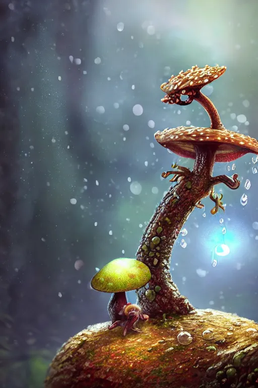 Prompt: a tiny cute mushroom dragon, dewdrops, macro, dramatic lighting, cinematic, establishing shot, extremely high detail, foto realistic, cinematic lighting, post processed, concept art, high details, cinematic, 8k resolution, beautiful detailed, photorealistic, digital painting, artstation, concept art, smooth, sharp focus, artstation trending, octane render, unreal engine