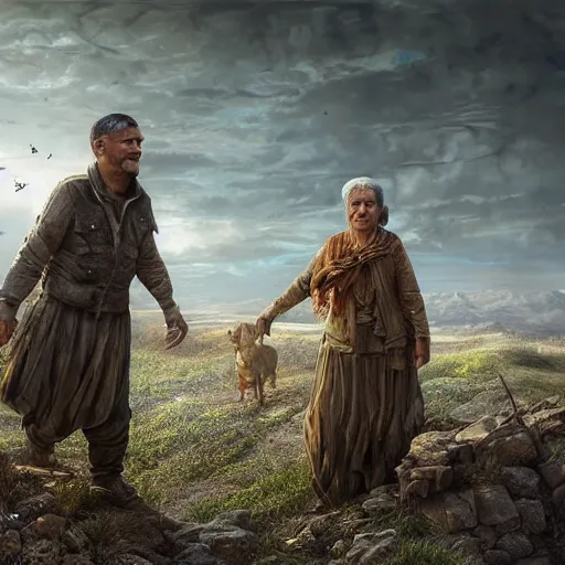 Image similar to hyperrealistic mixed media high resolution image of two Kurdish grandparents, stunning 3d render inspired art by István Sándorfi and Greg Rutkowski and Unreal Engine, perfect symmetry, dim volumetric lighting, 8k octane beautifully detailed render, post-processing, extremely hyper-detailed, intricate, epic composition, highly detailed attributes, highly detailed atmosphere, full body shot, cinematic lighting, masterpiece, trending on artstation, very very detailed, masterpiece, stunning, flawless structure, lifelike texture, perfection,