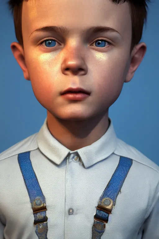 Image similar to hyperrealistic little boy close - up portrait, the portrait is decorated with art deco patterns, hyperrealistic, volumetric lighting, ultra detailed, elegant, octane render, blue and gold, 8 k, trending on artstation, unreal engine