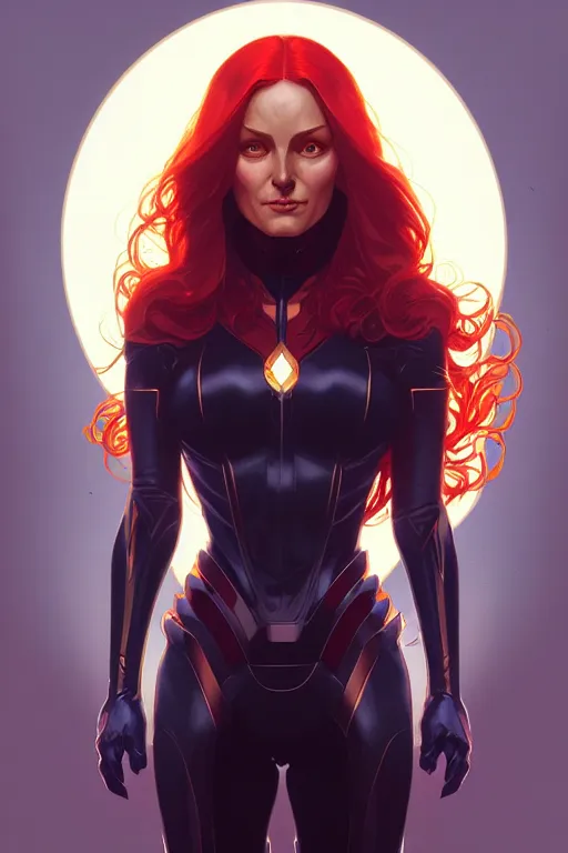 Image similar to a portrait of jean grey, fantasy, sharp focus, intricate, elegant, digital painting, artstation, matte, highly detailed, concept art, illustration, ambient lighting, art by ilya kuvshinov, artgerm, alphonse mucha, and greg rutkowski