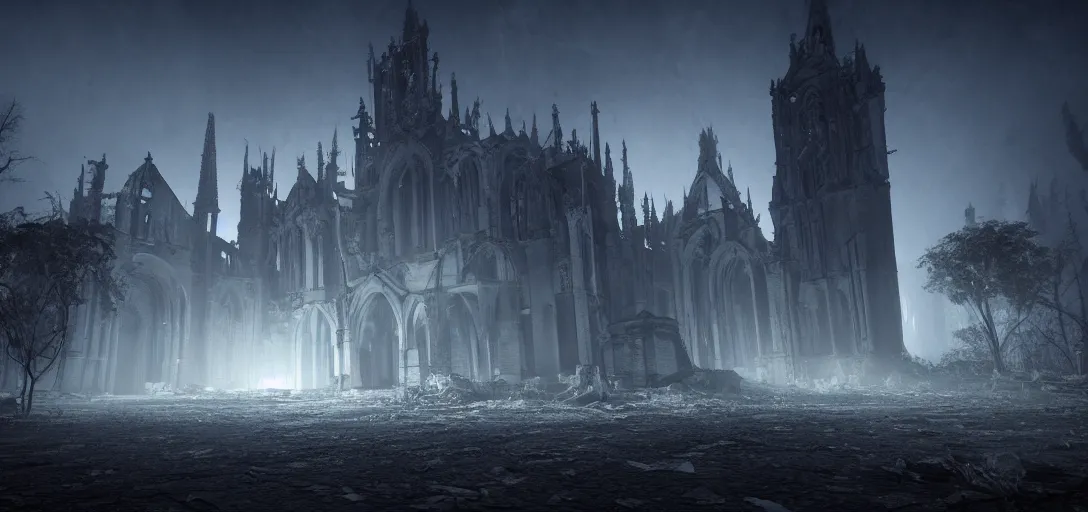 Prompt: dramatic eerie render of exterior of dark abandoned ruined gothic city at night, accurate ray tracing, mysterious glowing fog, moonlight shining through, ambient occlusion, unreal engine, detailed, vibrant, visually striking, trending on artstation, by greg rutowski and jordan grimmer