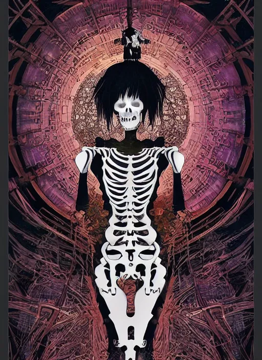 Prompt: cute punk goth fashion fractal skeleton girl posing by Zhang Jingna, poster art by Dan Mumford Kilian Eng Hannah Jeffrey Smith Rick Griffin Alphonse Mucha