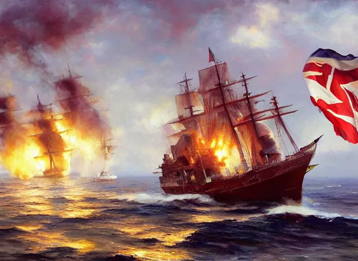 Prompt: modern day somalian pirates defeat the british empire navy by vladimir volegov and alexander averin and delphin enjolras and daniel f. gerhartz