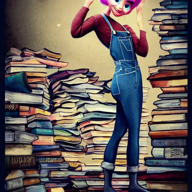 Image similar to full body pose, beautiful adult book fairy, pixar, short white hair shaved sides, dirty, grungy, grunge, long sleeve, painted overalls, stacks of giant books, highly detailed, 4 k, hdr, smooth, sharp focus, high resolution, award - winning photo, artgerm, photorealistic