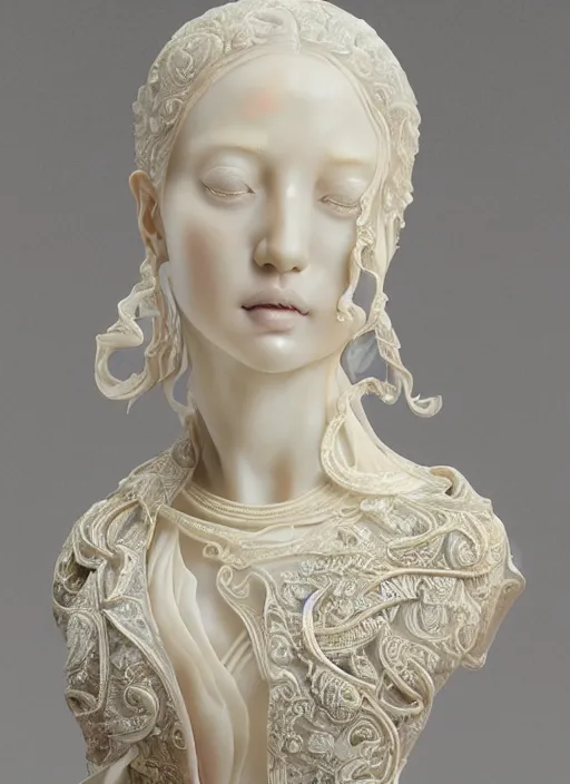 Image similar to opalescent marble sculpture of beautiful woman, ivory carving, fractal paisley inlay, lace, intricate, elegant, highly detailed, artgerm, lace, by ruan jia and greg rutkowski