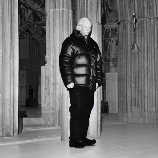 Prompt: john paul ii standing in church in a black puffed nuptse, black cargo pants and high black boots