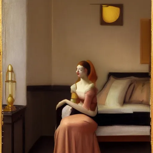 Image similar to a beautiful young girl in a gold and ivory hotel room, daguerreotype by edward hopper, by henri rousseau, by Bosch, art noveau, highly detailed, strong lights, liminal, eerie, Bright pastel colors, octane render, 8k,