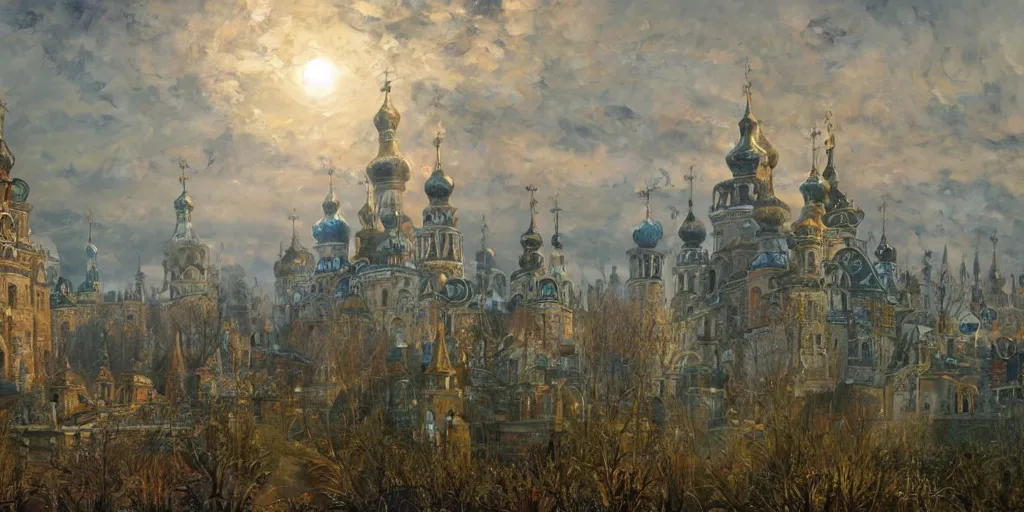 Prompt: beautiful magical ancient Slavic city of Kitezh, magic mist, strange buildings, oil painting, magic lights, painting by Viktor Vasnetsov, concept art, fantasy cityscape, ancient Russian architecture, painting by Ivan Shishkin, hyperborea, high resolution, trending on artstation,