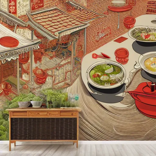 Image similar to a beautiful hyperdetailed 4 k hd wall paper illustration of roasted string hotpot restaurant restaurant yan'an, wall corner, simple style, wall painting, from china, with merchant logo, simple structure, surrealistic, chinese style, victo ngai