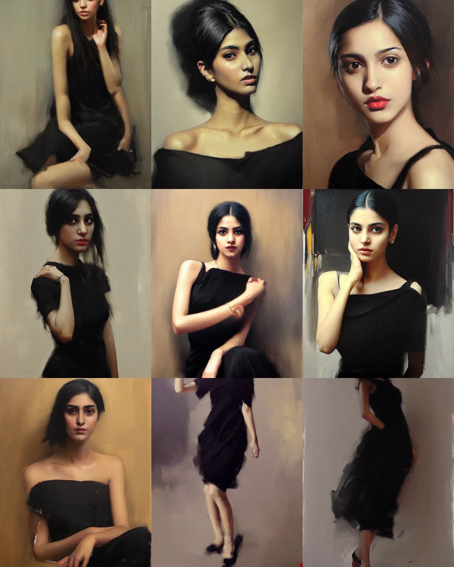 Prompt: beautiful portrait painting an gorgeous delhi girl wearing a little black dress, oil painting, art by ruan jia