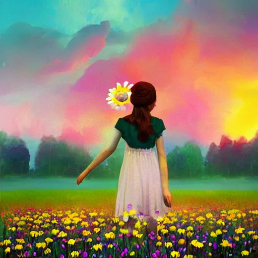 Prompt: daisy flower as a face, girl walking in flower field, holding daisy, surreal photography, sunrise, impressionist painting, colorful clouds, digital painting, artstation, simon stalenhag, flower face