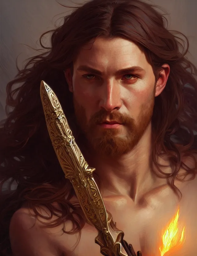 Image similar to portrait of biblical cain holding a spear, intricate, headshot, highly detailed, digital painting, artstation, concept art, sharp focus, cinematic lighting, illustration, art by artgerm and greg rutkowski, alphonse mucha, cgsociety