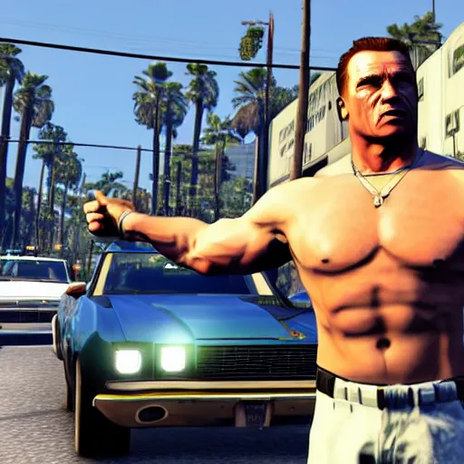 Image similar to GTA V arnold schwarzenegger screenshot stealing a cop car