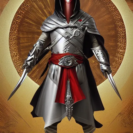 Image similar to an ultra detailed vector image of ezio auditore dressed as solaire of astora, concept art by alphonse mucha and greg rutkowski, praise the blood moon, octane render, liminal space