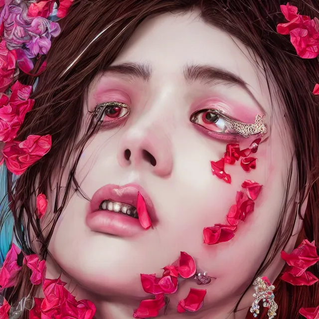 Image similar to studio portrait absurdly beautiful, elegant, graceful, young hypercolorful variety sensual gravure idol rubies red petals gems, ultrafine hyperrealistic detailed face illustration by kim jung gi, irakli nadar, intricate linework, sharp focus, bright colors, matte, octopath traveler, final fantasy, unreal engine highly rendered, global illumination, radiant light, intricate environment