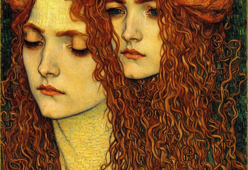 Image similar to detailed realistic beautiful young medieval queen face portrait by jean delville, gustav klimt and vincent van gogh, art nouveau, symbolist, visionary, gothic, pre - raphaelite, muted earthy colors, desaturated