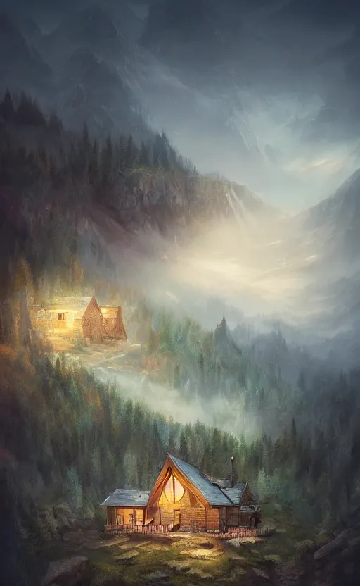 Prompt: cabin high on a mountain, the valley beneath, dynamic lighting, photorealistic fantasy concept art, trending on art station, stunning visuals, creative, cinematic, ultra detailed