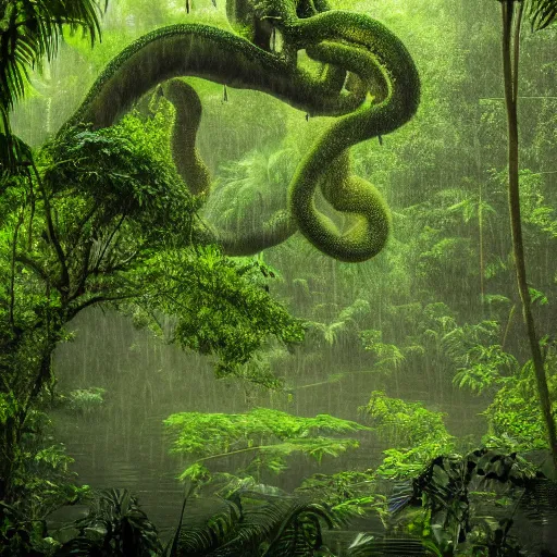 Image similar to a rainy foggy jungle, river with low hanging plants, there is a giant octopus climbing up a tree, great photography, ambient light